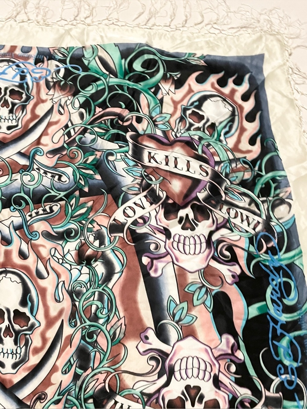 VTG Ed Hardy Christian Audigier Love Kills Slowly Fringe Silk Scarf Shawl - Picture 6 of 16